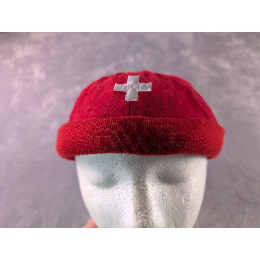 Alberto SA Mobaco Switzerland Red Docker Hat Brimless Cap White Cross Adjustable